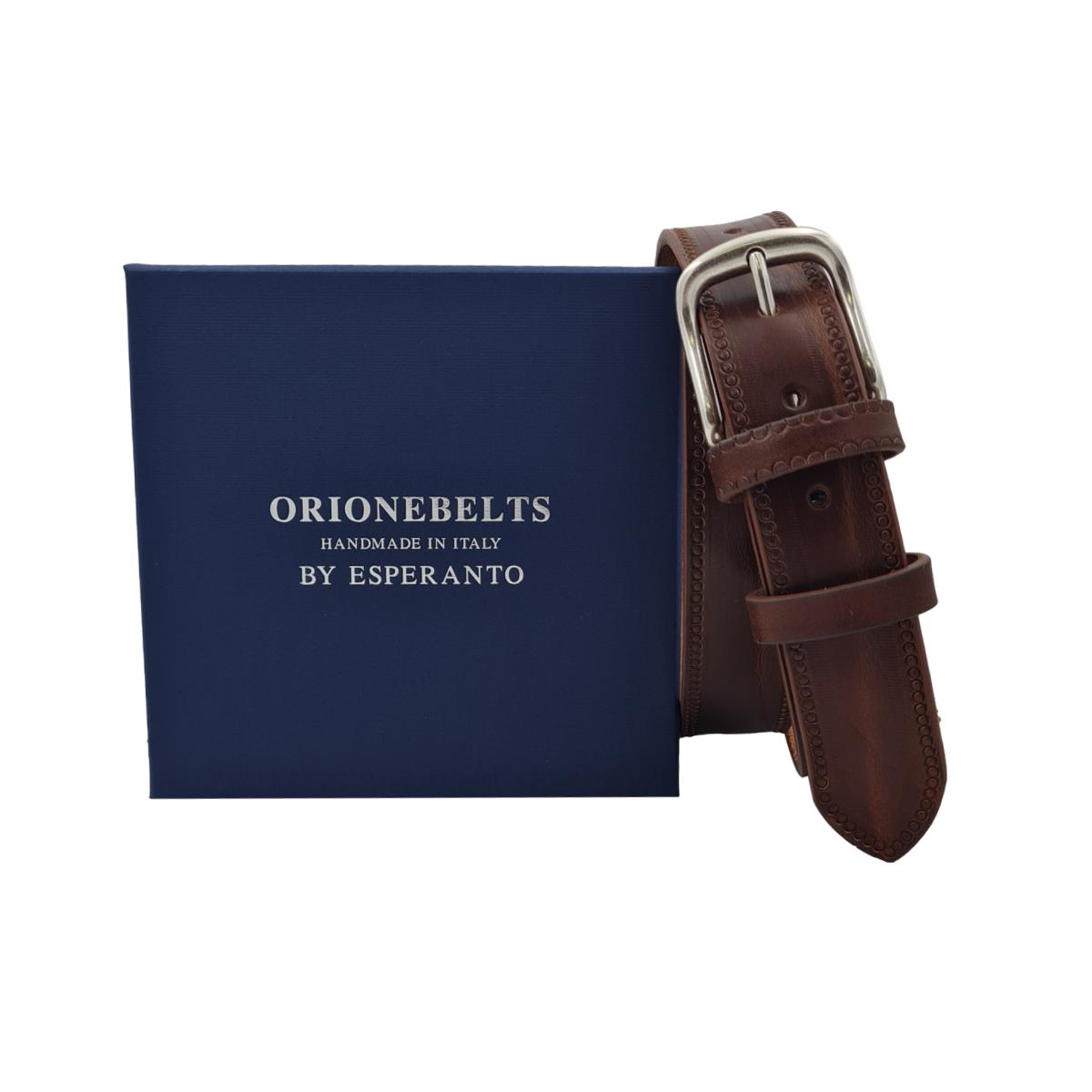 Cintura 3,5 cm in vero cuoio Cognac ricamato con fibbia in vero ottone cucita a mano