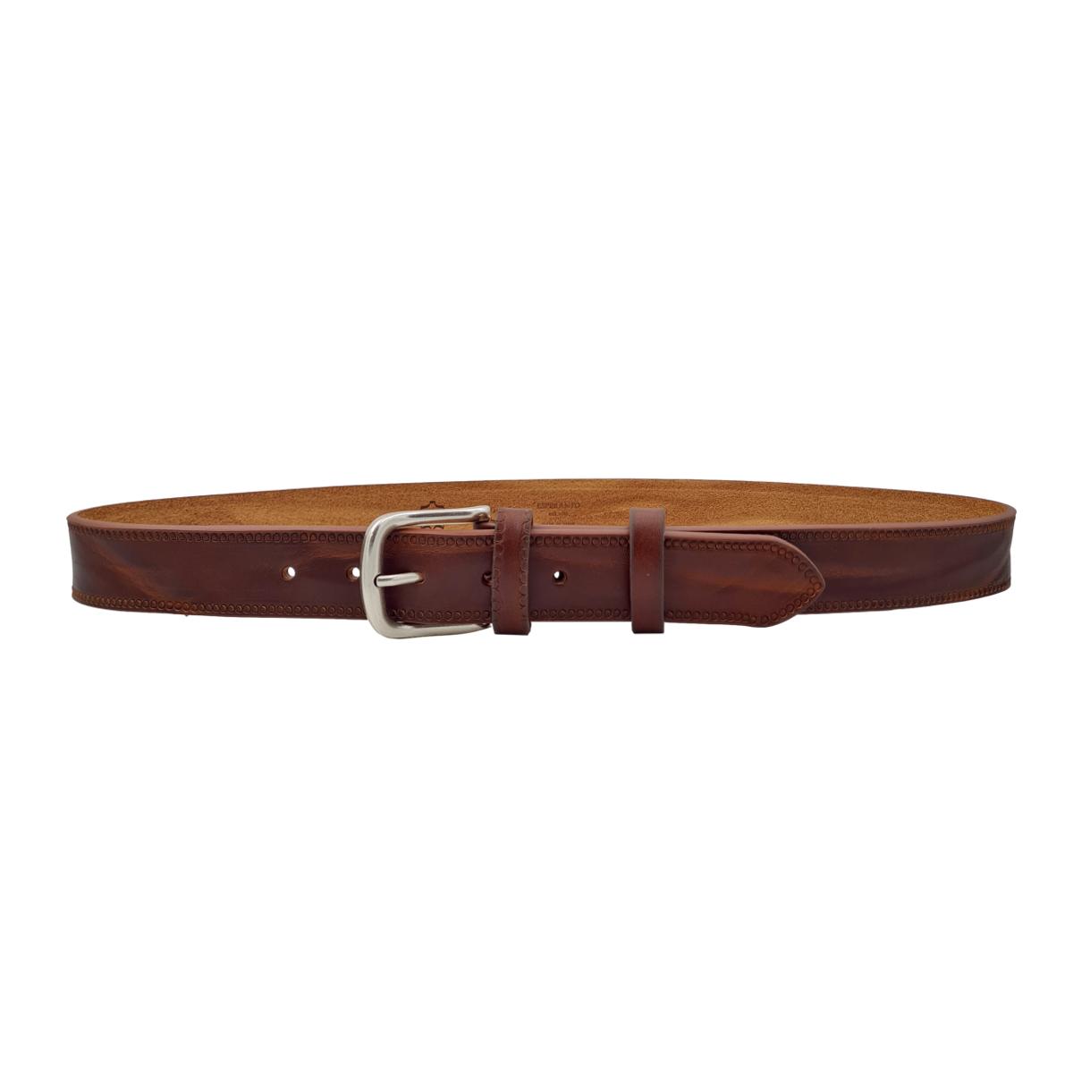 Cintura 3,5 cm in vero cuoio Cognac ricamato con fibbia in vero ottone cucita a mano