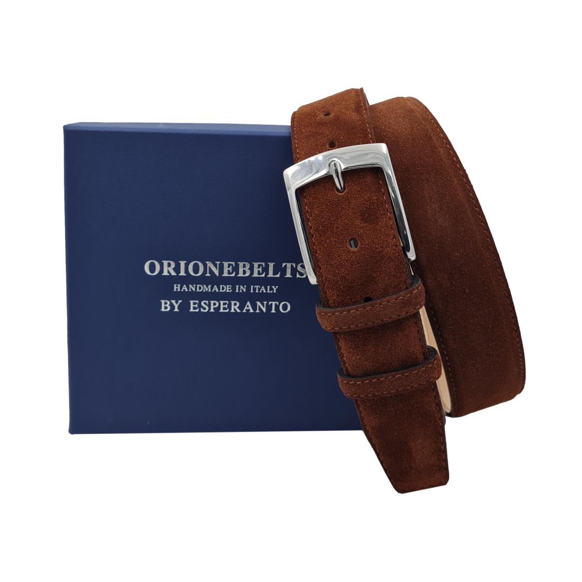 Cintura Uomo 4 cm in Pelle Scamosciata , fodera in pelle e fibbia anallergica - Tabacco