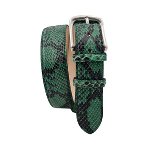 Dakar - Cintura 4 cm in vero Pitone verde smeraldo con fibbia argentata 100% Nichel free