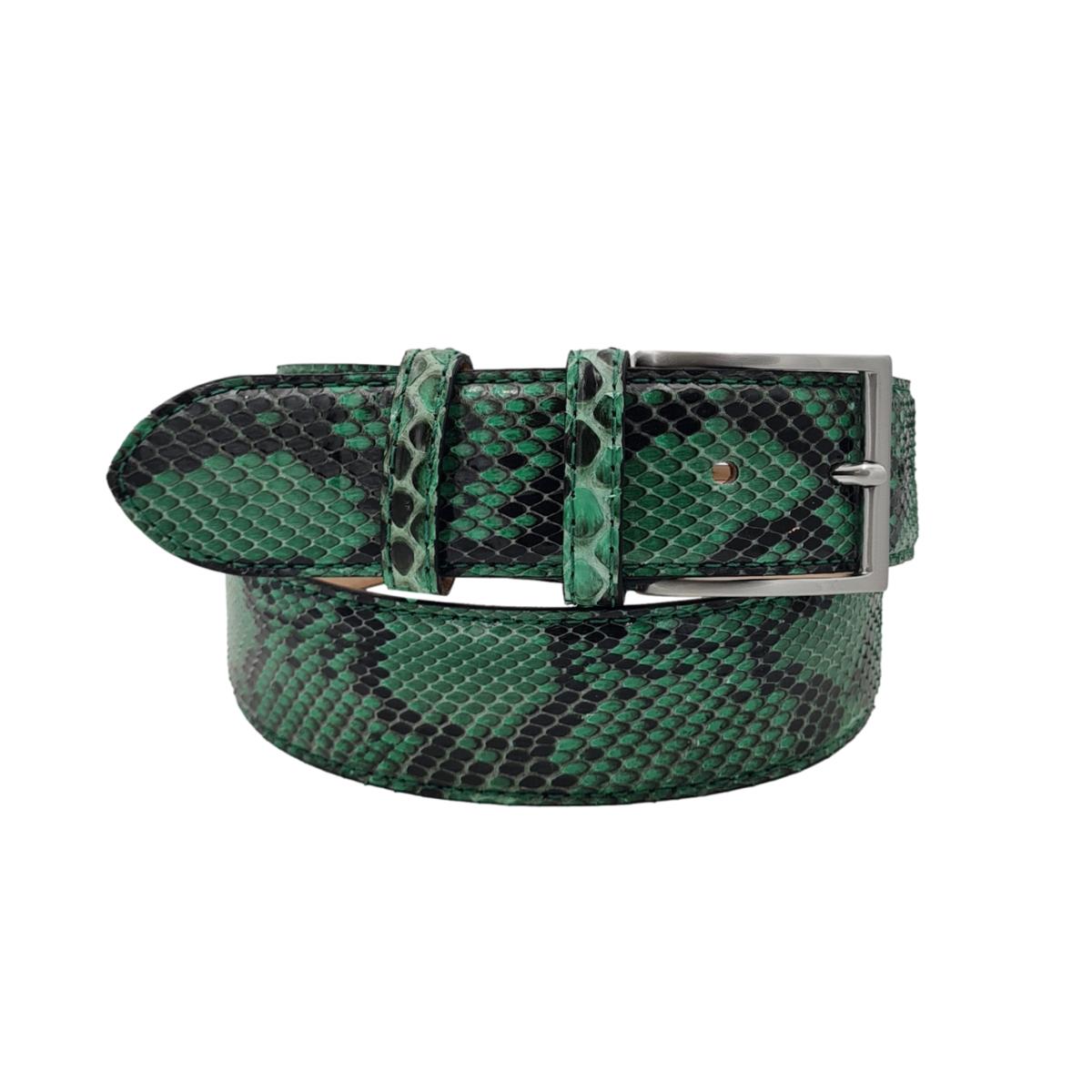 Dakar - Cintura 4 cm in vero Pitone verde smeraldo con fibbia argentata 100% Nichel free