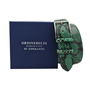 Dakar - Cintura 4 cm in vero Pitone verde smeraldo con fibbia argentata 100% Nichel free