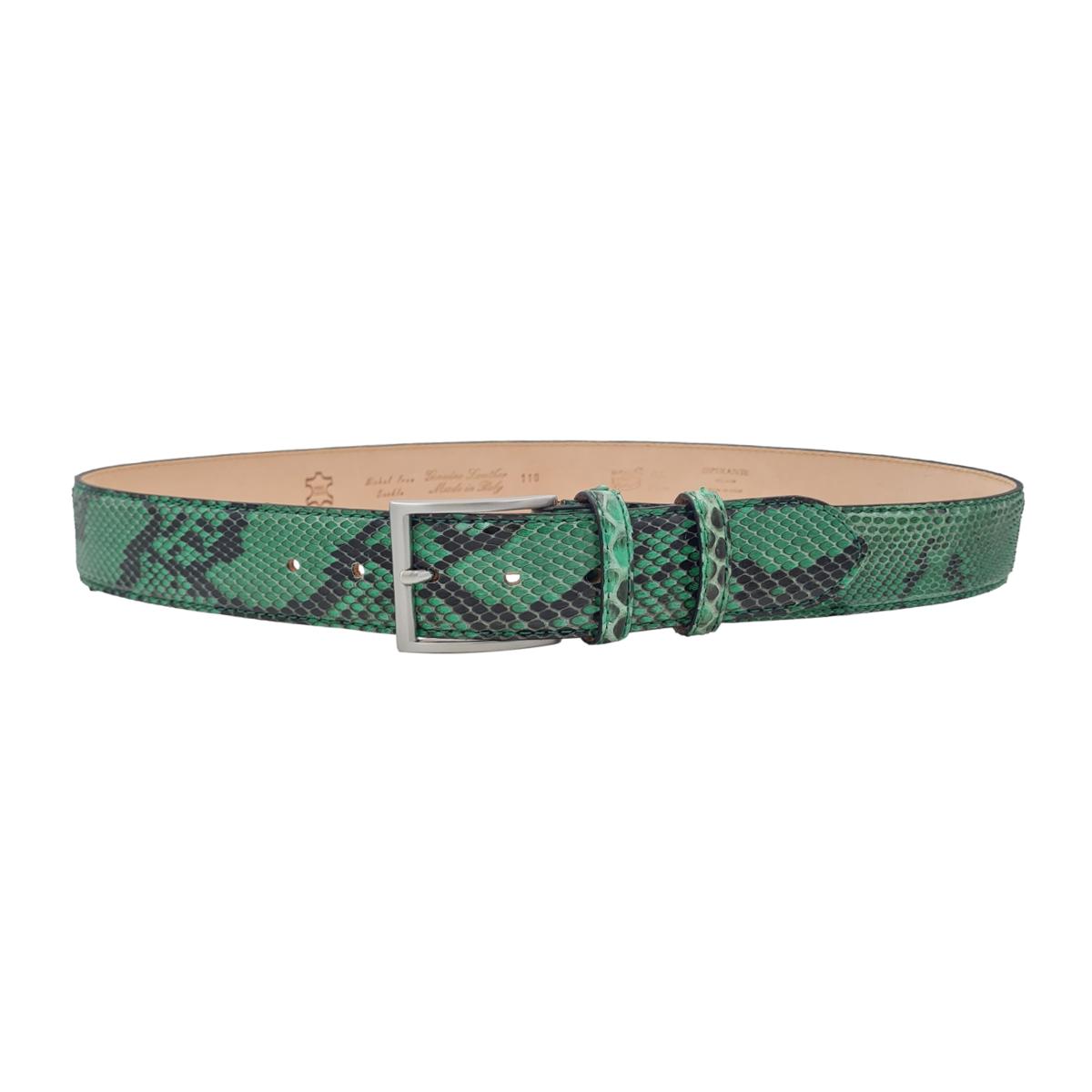 Dakar - Cintura 4 cm in vero Pitone verde smeraldo con fibbia argentata 100% Nichel free