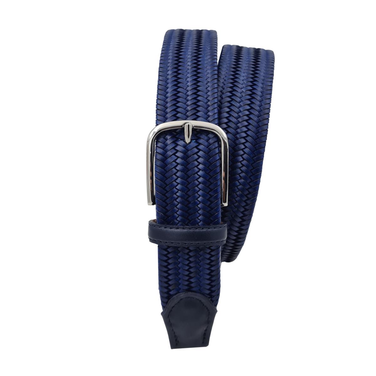 Cintura elastica in vera pelle intrecciata altezza 3,5 con fibbia anallergica - Blu Medio