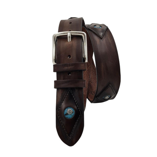 Cintura 4 cm in vero cuoio con inserti anticati a mano, pitone celeste e borchie - ESPERANTOBELTS