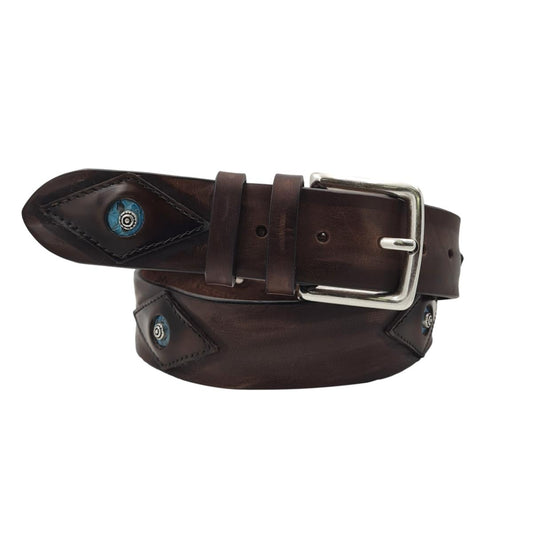 Cintura 4 cm in vero cuoio con inserti anticati a mano, pitone celeste e borchie - ESPERANTOBELTS