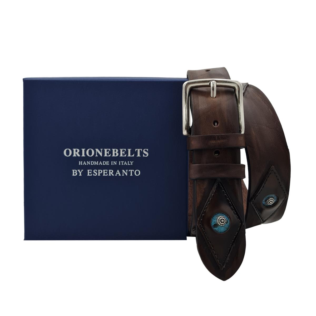 Cintura 4 cm in vero cuoio con inserti anticati a mano, pitone celeste e borchie - ESPERANTOBELTS