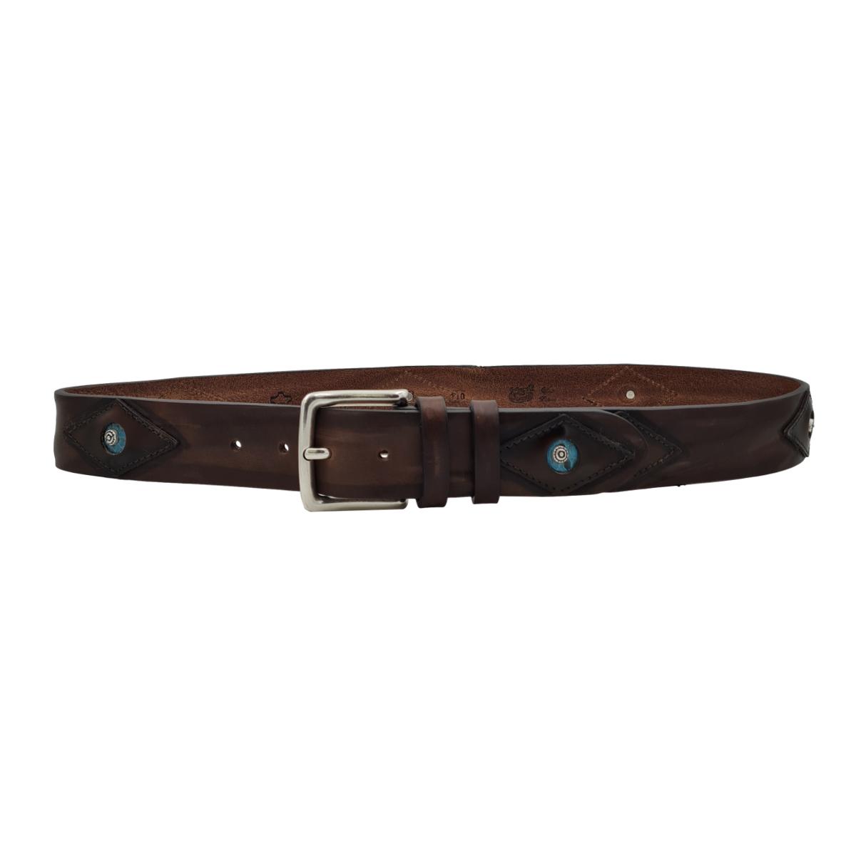 Cintura 4 cm in vero cuoio con inserti anticati a mano, pitone celeste e borchie - ESPERANTOBELTS