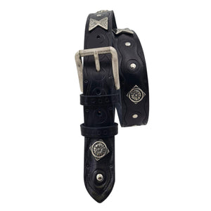 Cintura 3,5 cm Nera in vero cuoio di toro con borchie lavorate, fibbia lavorata  e fantasie a mano