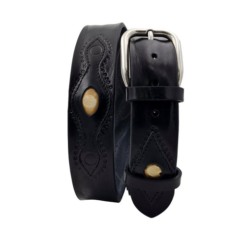 Vienna - Cintura nera 4 cm con ricami ,sfere avorio anticate e fibbia in ottone
