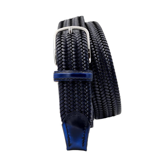Etruria - Cintura elastica in cuoio intrecciato 3,5 cm con fibbia in ottone e puntali anticati a mano