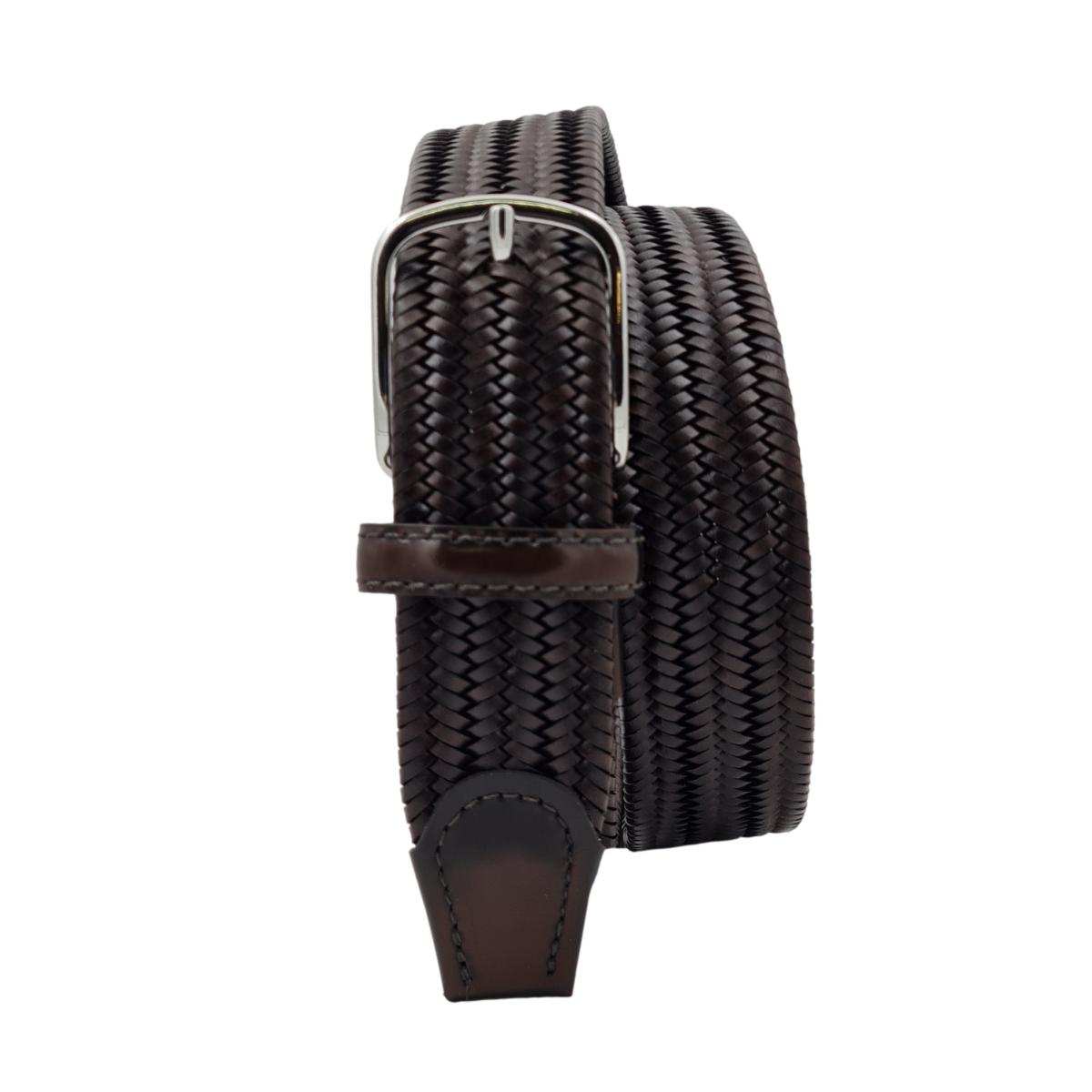 Etruria - Cintura elastica in cuoio intrecciato 3,5 cm con fibbia in ottone e puntali anticati a mano