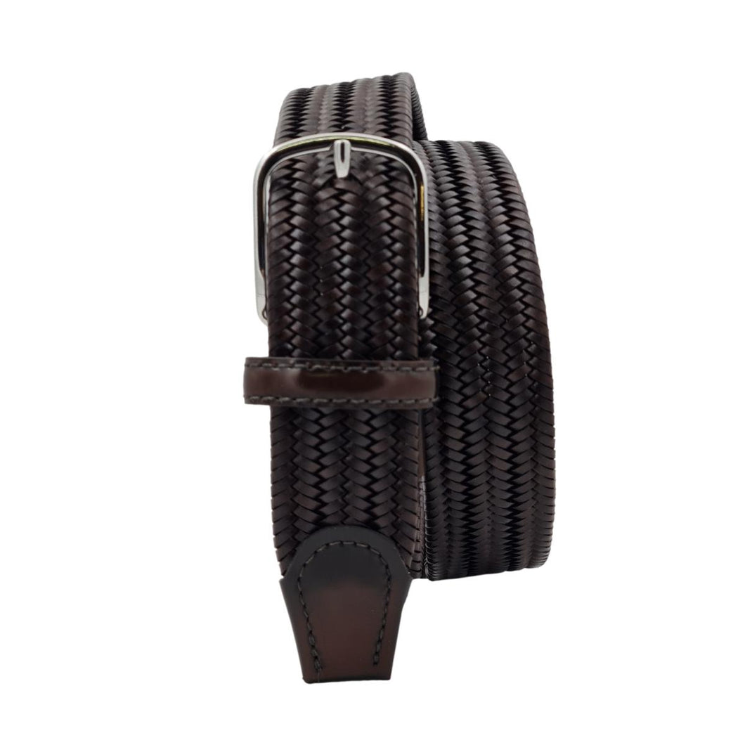 Etruria - Cintura elastica in cuoio intrecciato 3,5 cm con fibbia in ottone e puntali anticati a mano