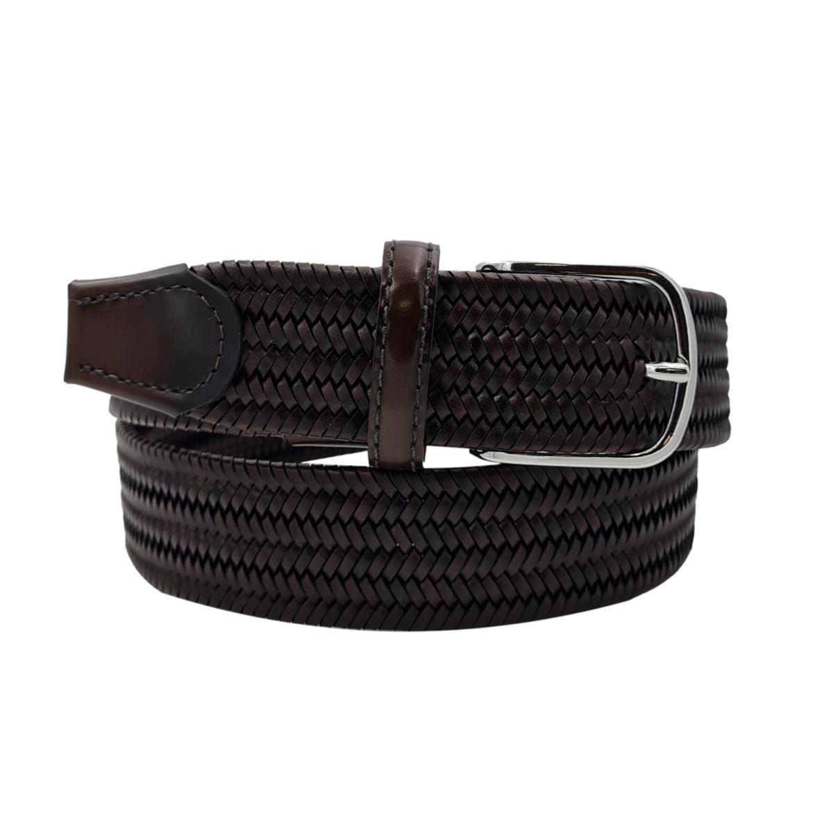 Etruria - Cintura elastica in cuoio intrecciato 3,5 cm con fibbia in ottone e puntali anticati a mano
