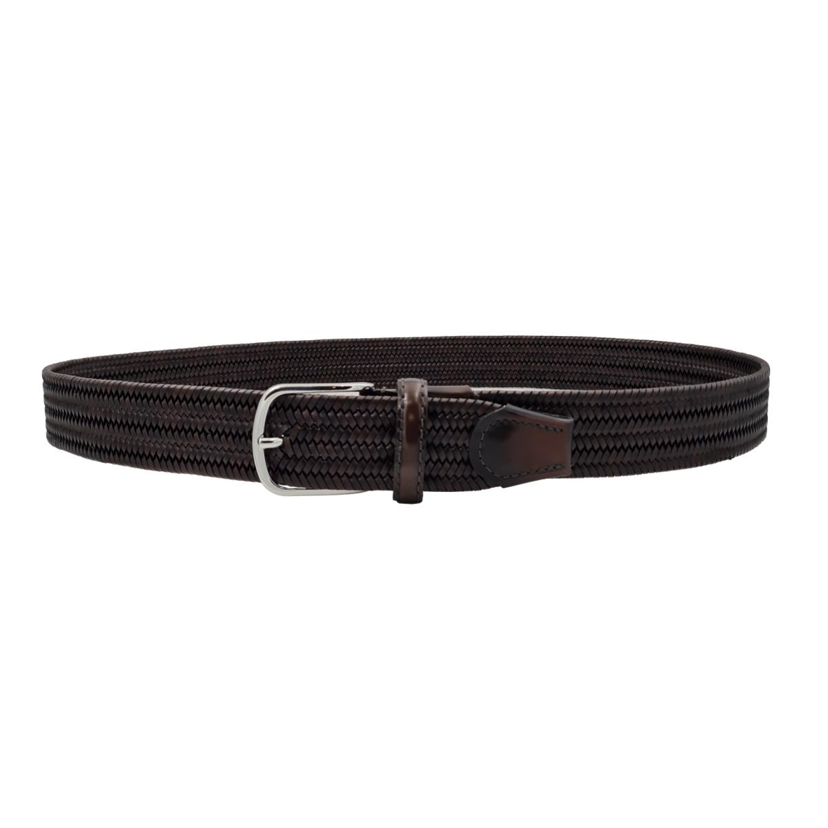 Etruria - Cintura elastica in cuoio intrecciato 3,5 cm con fibbia in ottone e puntali anticati a mano