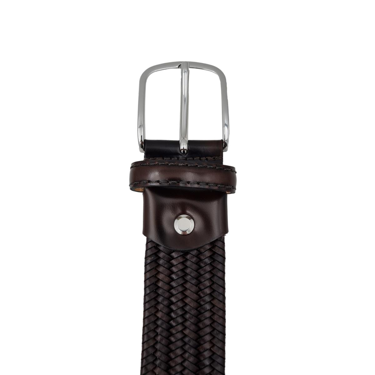 Etruria - Cintura elastica in cuoio intrecciato 3,5 cm con fibbia in ottone e puntali anticati a mano