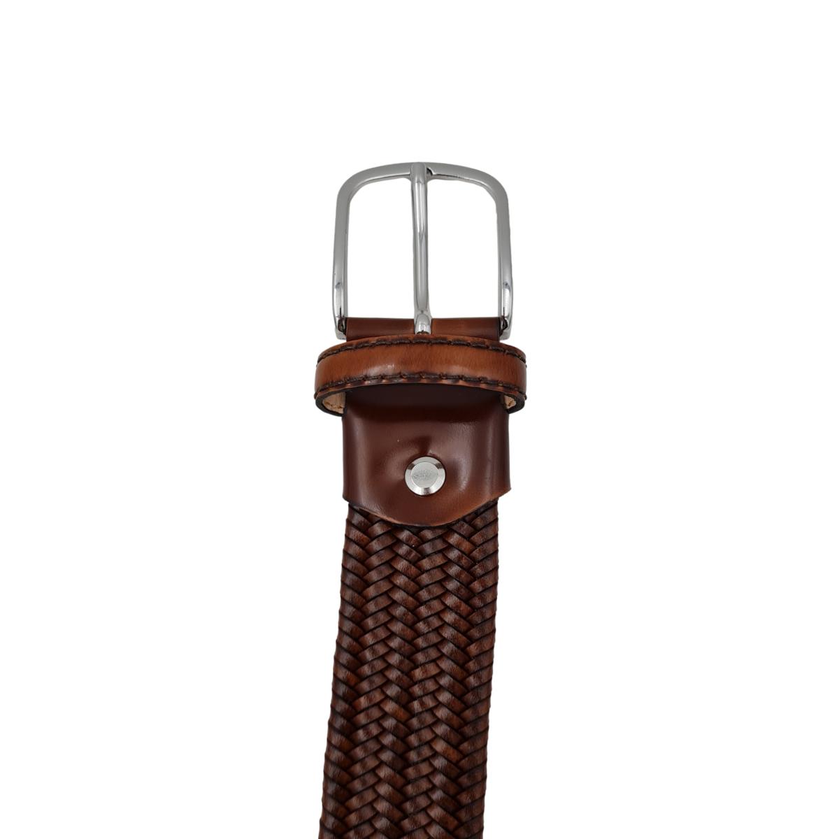 Etruria - Cintura elastica in cuoio intrecciato 3,5 cm con fibbia in ottone e puntali anticati a mano