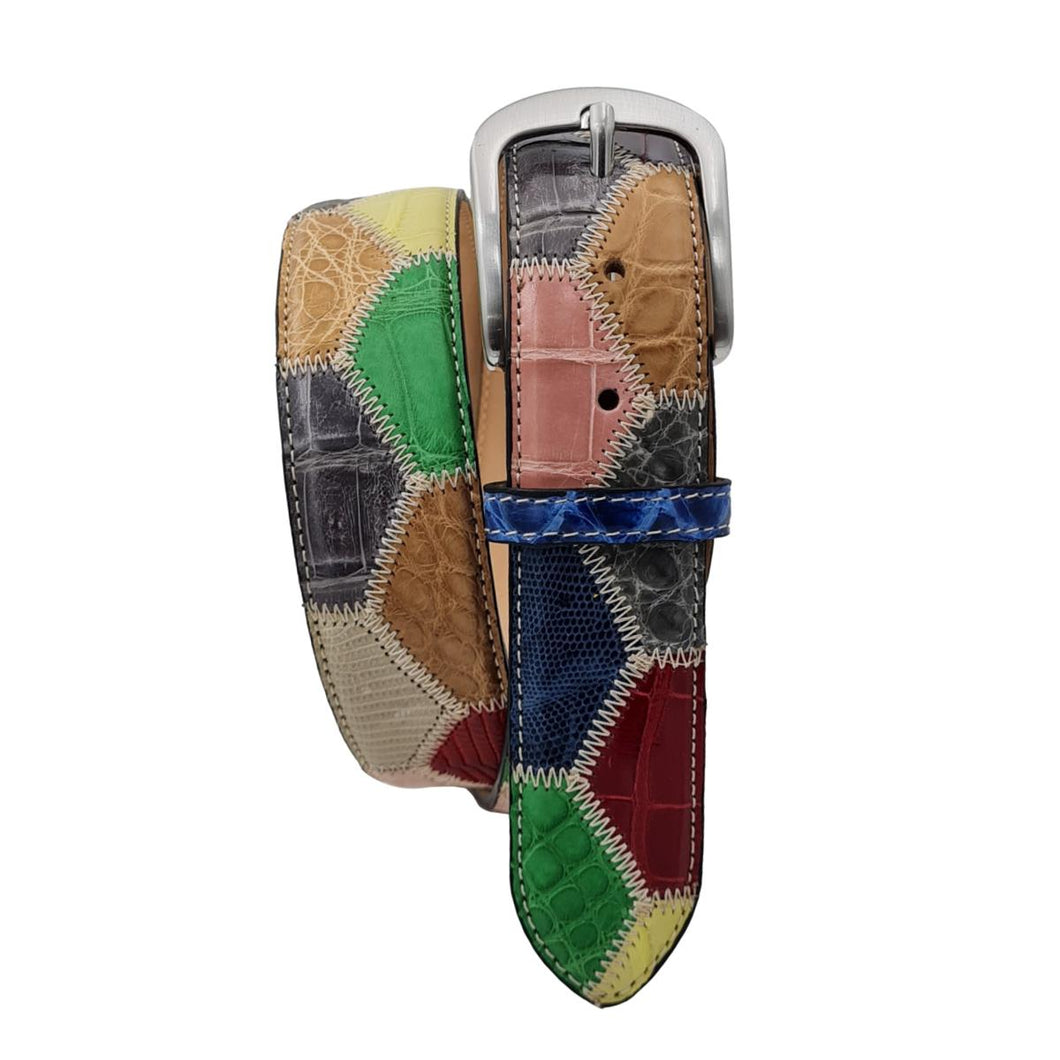 Cintura 4 cm con pentagoni multicolore in vero coccodrillo