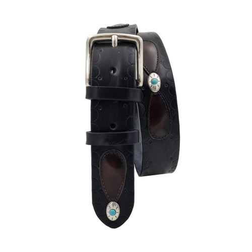 Leather Butterfly - Cintura nera 4 cm in cuoio con sovrapposizioni anticate e fibbie celesti