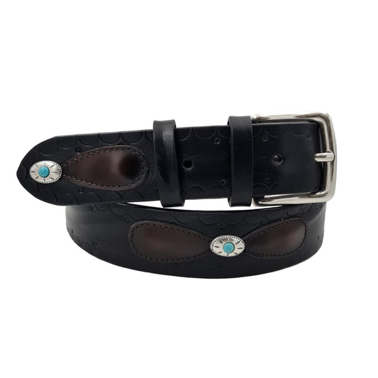 Leather Butterfly - Cintura nera 4 cm in cuoio con sovrapposizioni anticate e fibbie celesti