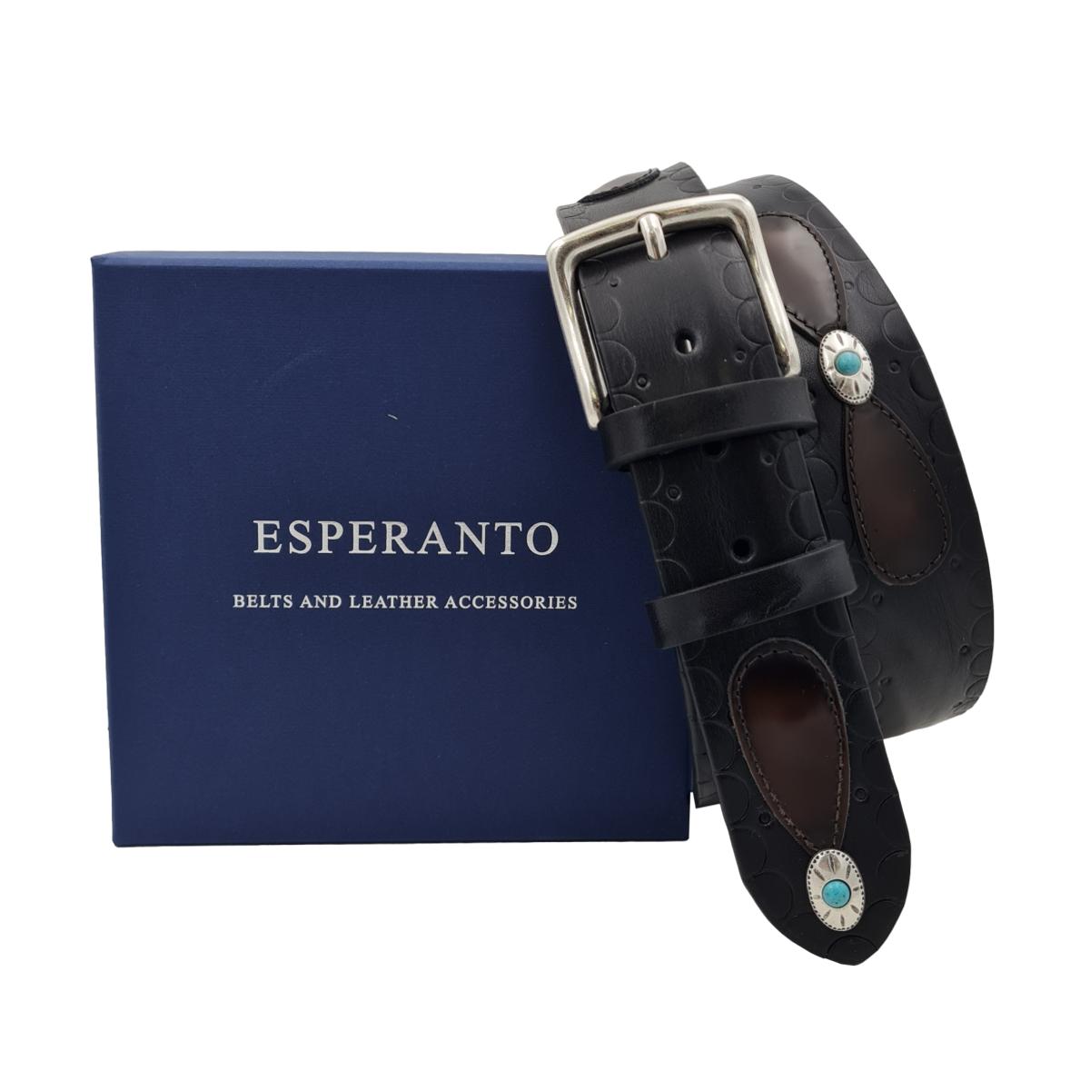 Leather Butterfly - Cintura nera 4 cm in cuoio con sovrapposizioni anticate e fibbie celesti