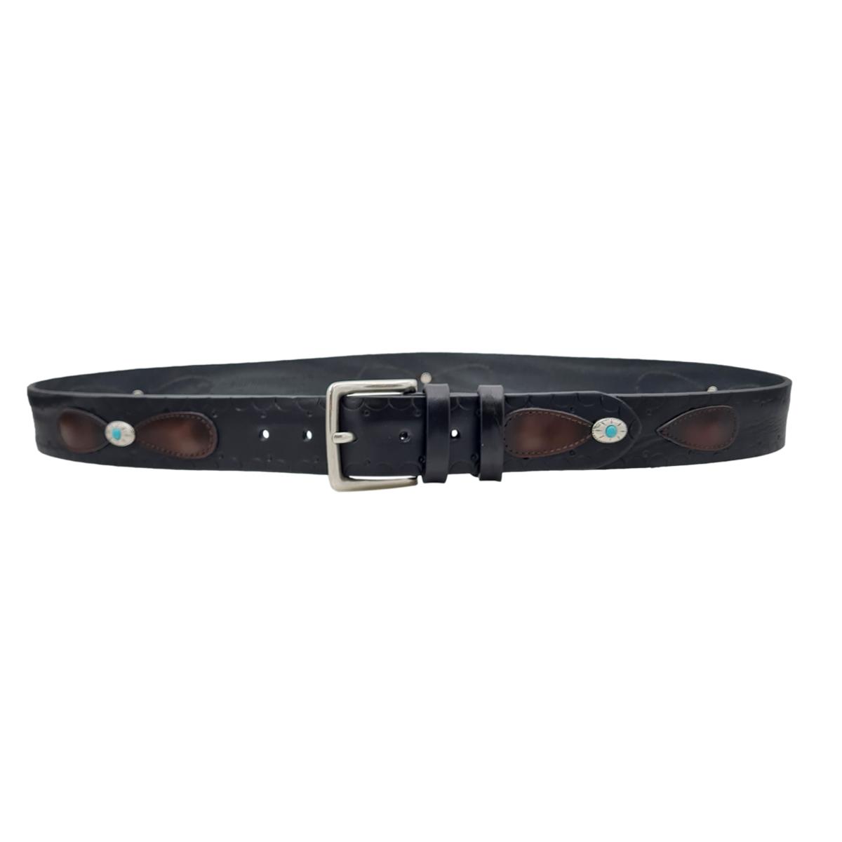 Leather Butterfly - Cintura nera 4 cm in cuoio con sovrapposizioni anticate e fibbie celesti