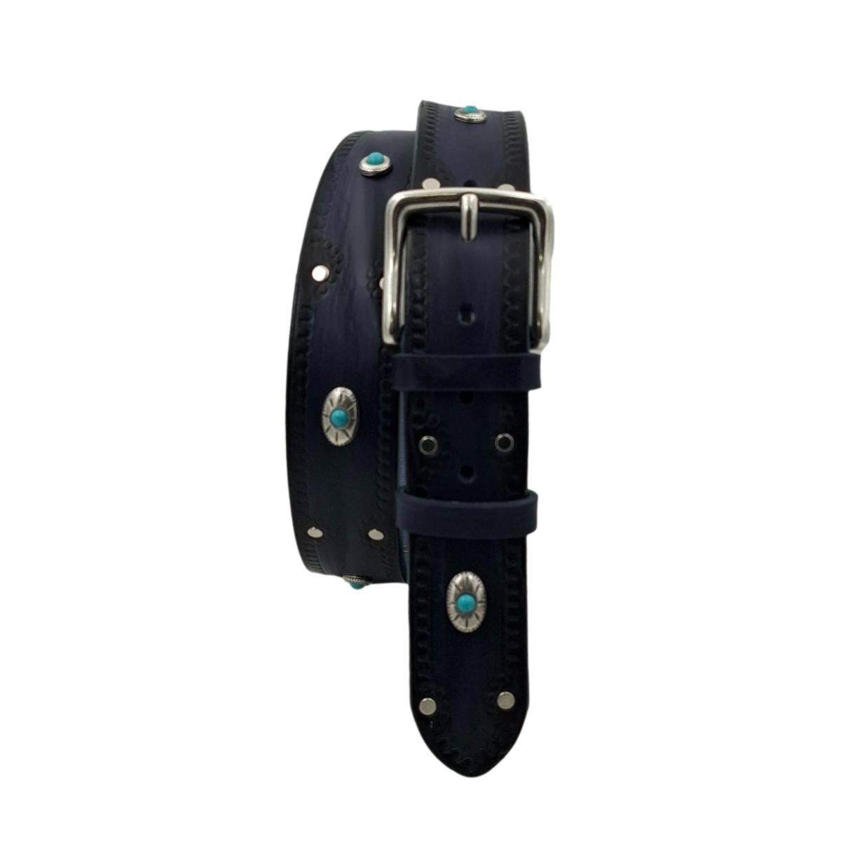Santorini - Cintura 4 cm in cuoio ricamato con borchie celesti e fibbia in ottone - ESPERANTOBELTS