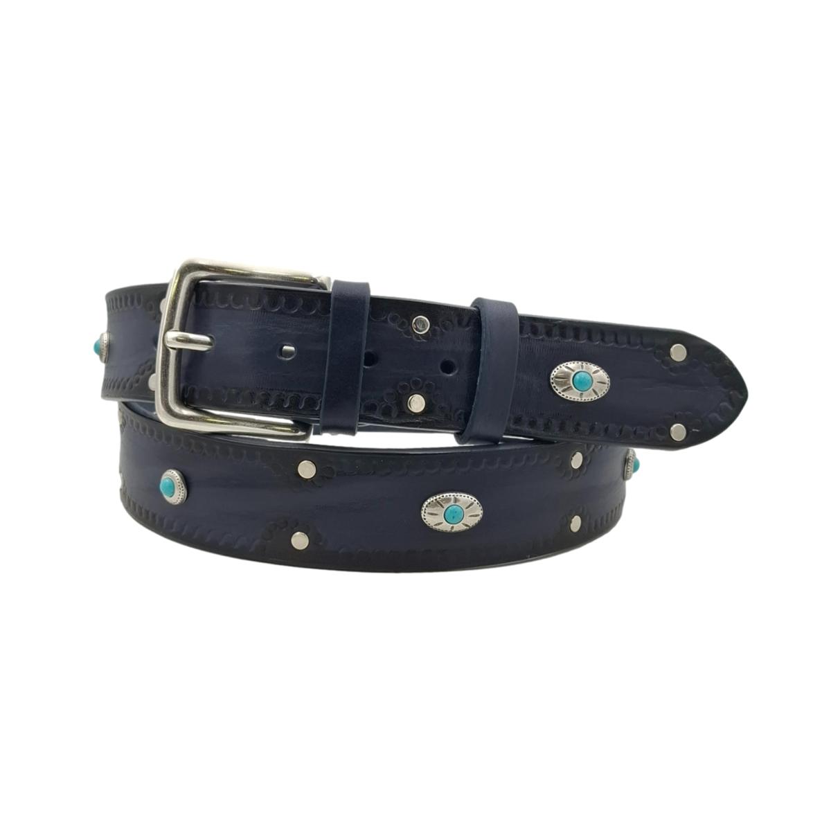 Santorini - Cintura 4 cm in cuoio ricamato con borchie celesti e fibbia in ottone - ESPERANTOBELTS