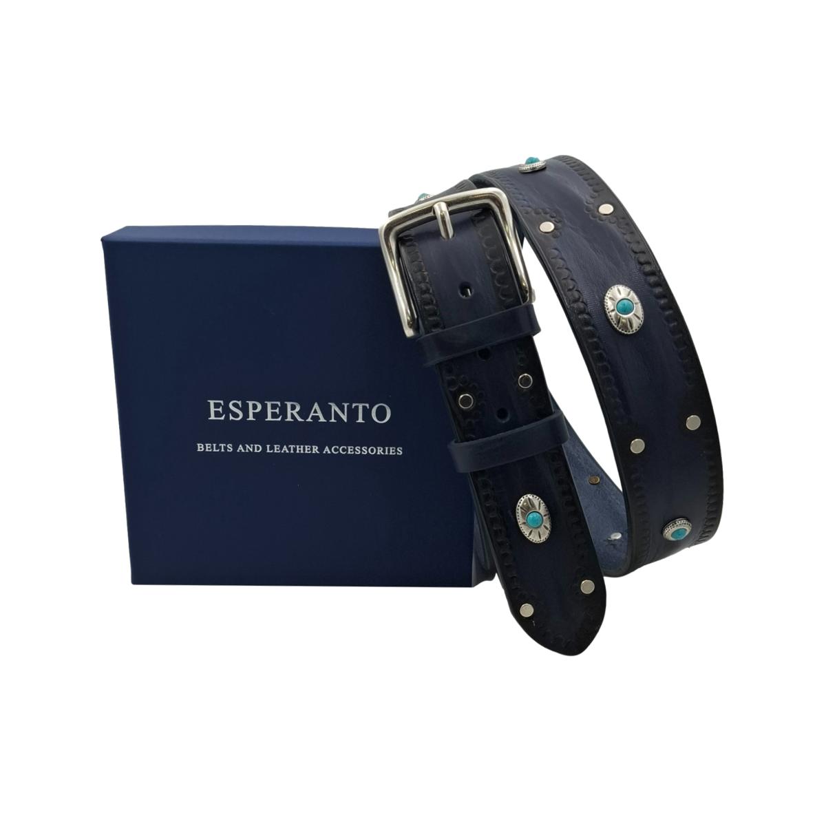 Santorini - Cintura 4 cm in cuoio ricamato con borchie celesti e fibbia in ottone - ESPERANTOBELTS