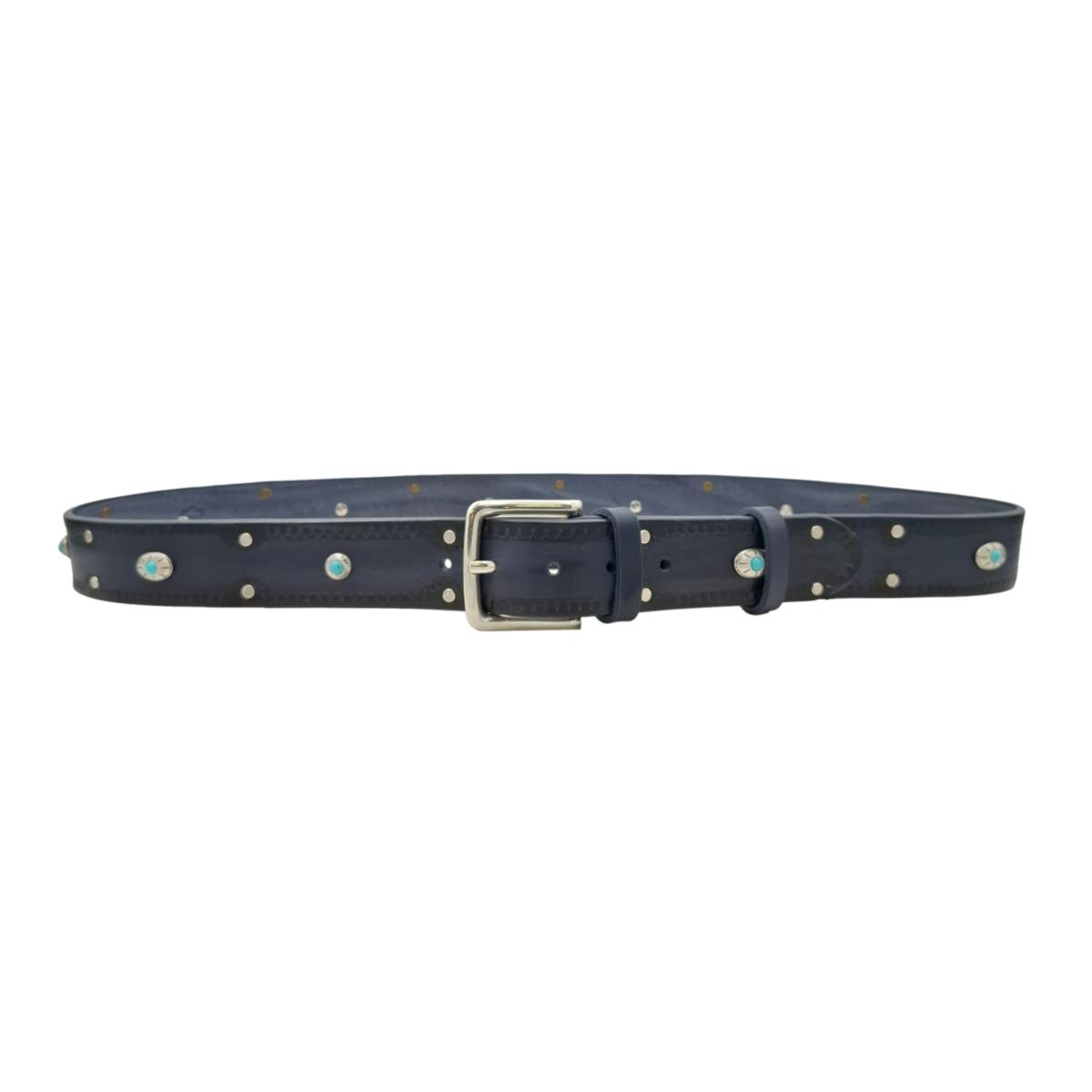 Santorini - Cintura 4 cm in cuoio ricamato con borchie celesti e fibbia in ottone - ESPERANTOBELTS