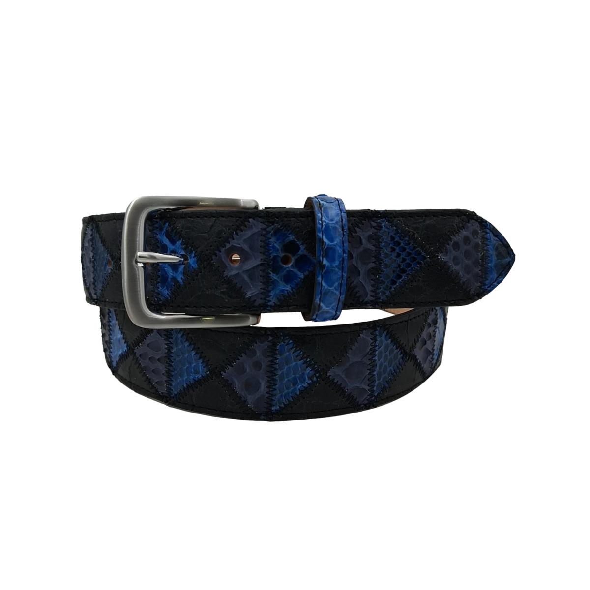 Blue Pyramid - Cintura 4 cm Patchwork a Triangoli Blu in Pitone con Fibbia in Ottone