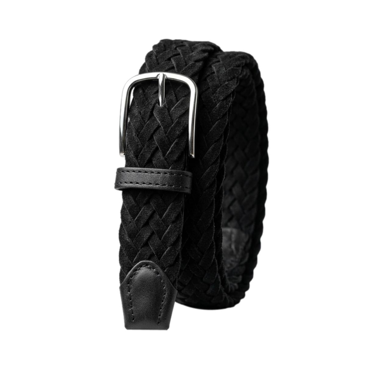 Cintura Intrecciata 3,5 cm in Pelle Scamosciata foderata in Cotone con fibbia anallergica - Nero