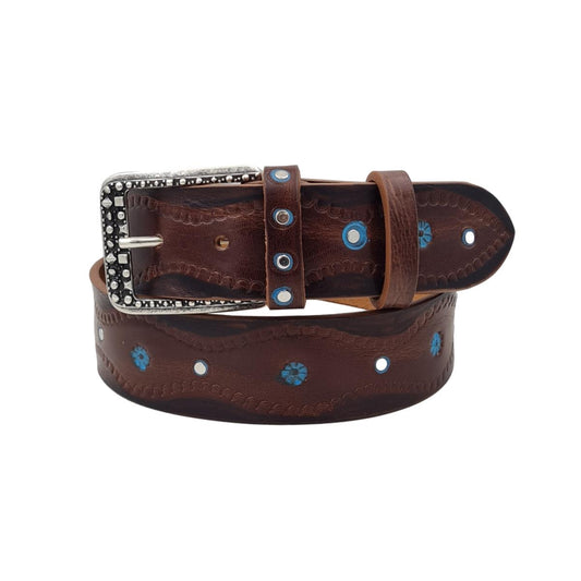 Fiordaliso - Cintura 4 cm in cuoio Rum con borchie, dettagli celeste e fibbia lavorata