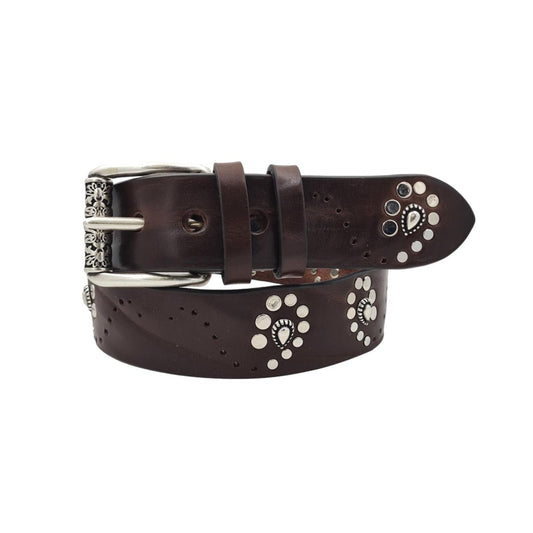 Cintura 4 cm in vero cuoio borchiato a spirali con fibbia lavorata a rullo - Moro - ESPERANTOBELTS
