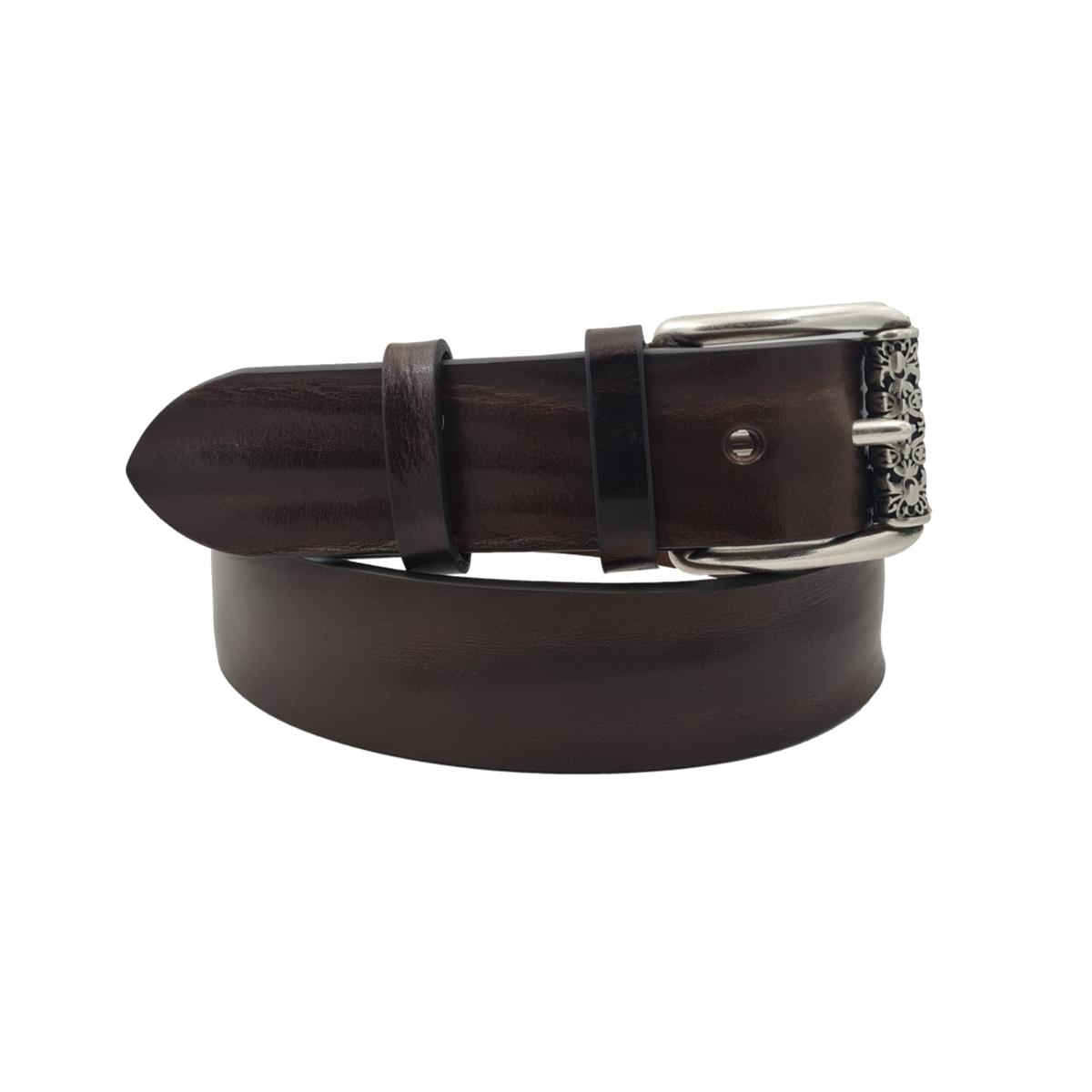 Cintura 4 cm in Vero Cuoio di Toro Grinzato con Fibbia a Rullo Ricamata - ESPERANTOBELTS