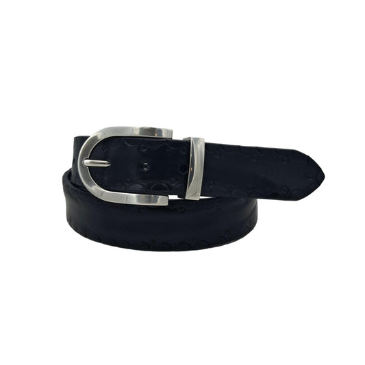 Cintura 3,5 cm in cuoio Nero con  fibbia e Passante metallico con fantasie tribali