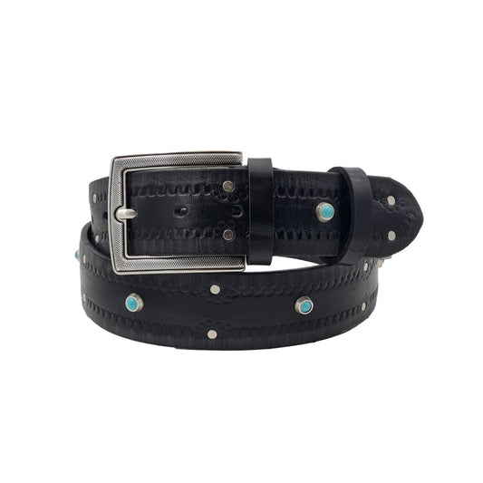Marseille - Cintura 4 cm in cuoio Nero lavorato con fibbia effetto Saffiano e borchie celesti