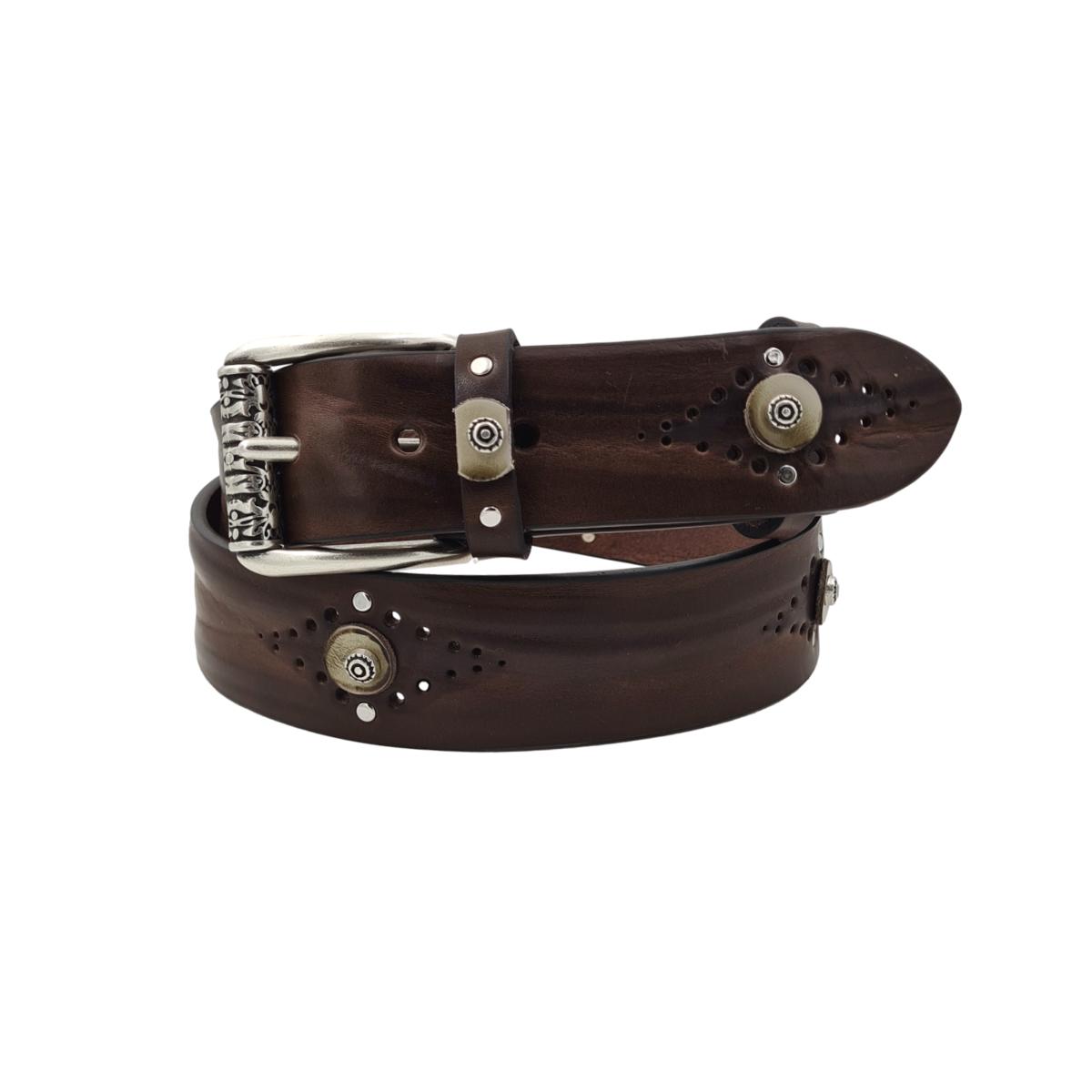 Cintura 4 cm in vero cuoio di toro con vitello anticato , borchie ,fori e fibbia a rullo lavorata - ESPERANTOBELTS