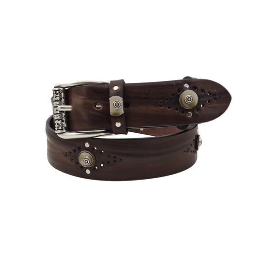 Cintura 4 cm in vero cuoio di toro con vitello anticato , borchie ,fori e fibbia a rullo lavorata - ESPERANTOBELTS