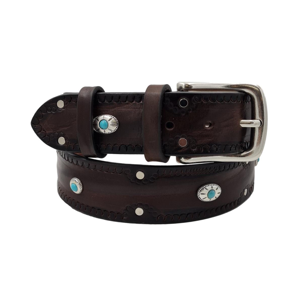 Santorini - Cintura 4 cm in cuoio ricamato con borchie celesti e fibbia in ottone - ESPERANTOBELTS