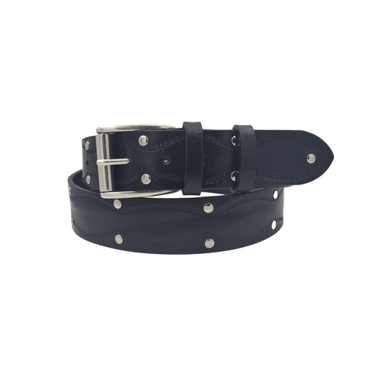 Cintura 4 cm in Cuoio Nero abrasivato con borchie metalliche e fibbia vintage
