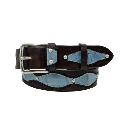 Desert Sky - Cintura 4 cm in vero cuoio e vero coccodrillo celeste con borchie metalliche