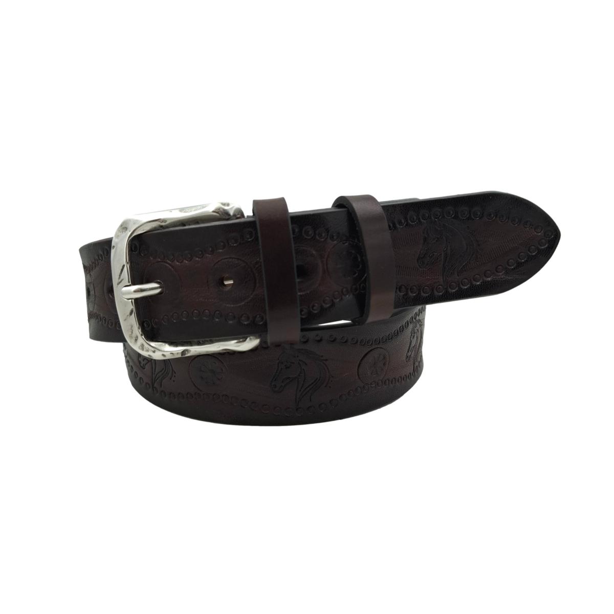 Andalusia - Cintura 4 cm colore Moro in cuoio di toro con fantasie di cavalli e fibbia lavorata - ESPERANTOBELTS