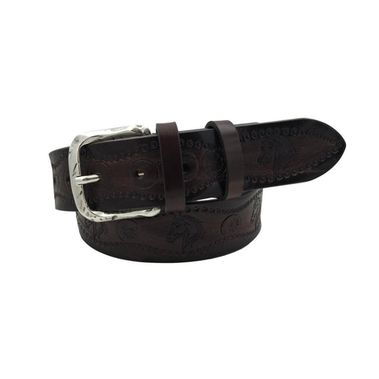 Andalusia - Cintura 4 cm colore Moro in cuoio di toro con fantasie di cavalli e fibbia lavorata - ESPERANTOBELTS