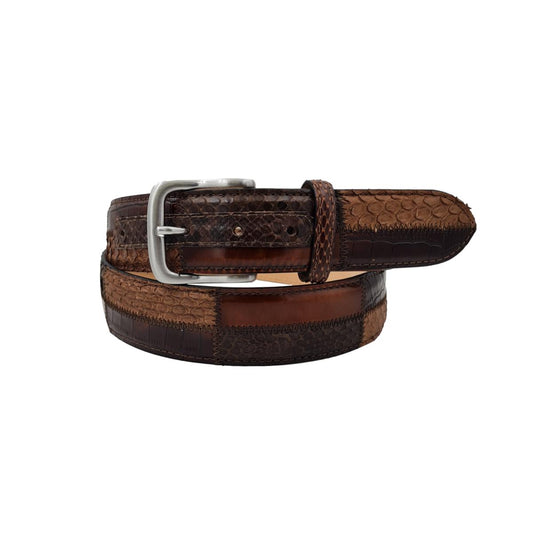 Cintura Nocciola Patchwork 4 cm in vero pitone e cuoio anticato