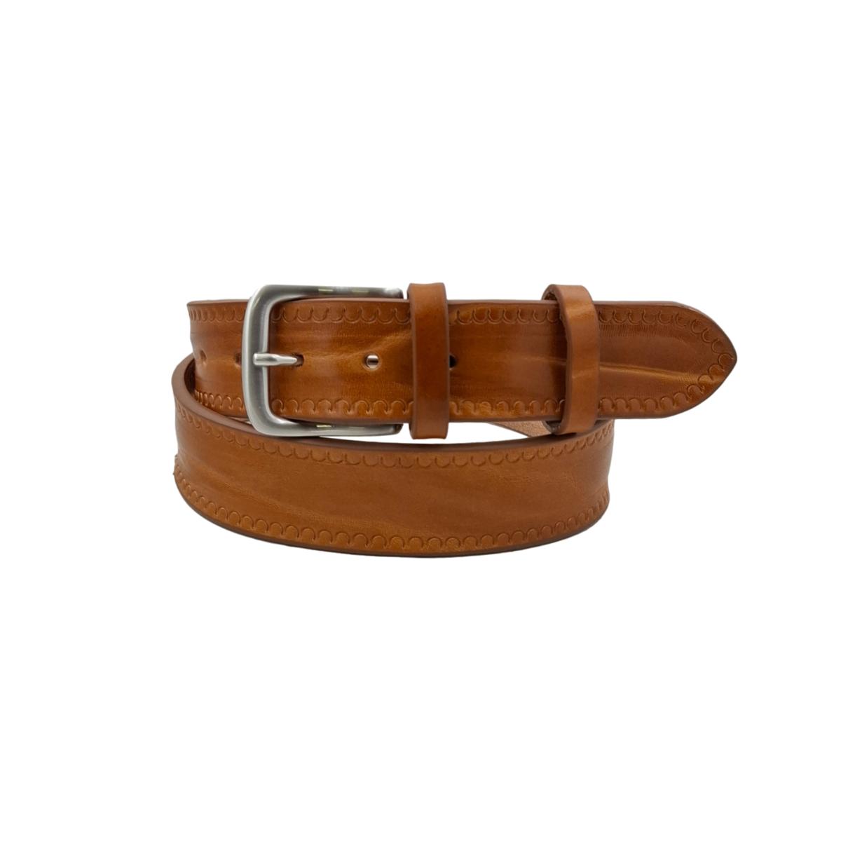 Texas - Cintura 4 cm in cuoio di toro con contorni lavorati a mano e fibbia satinata