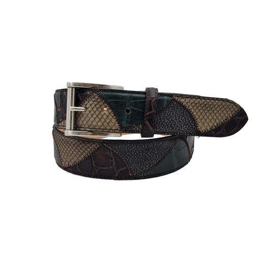 Military Vela - Cintura 4 cm Patchwork In Pitone e Coccodrillo con Fibbia in Ottone