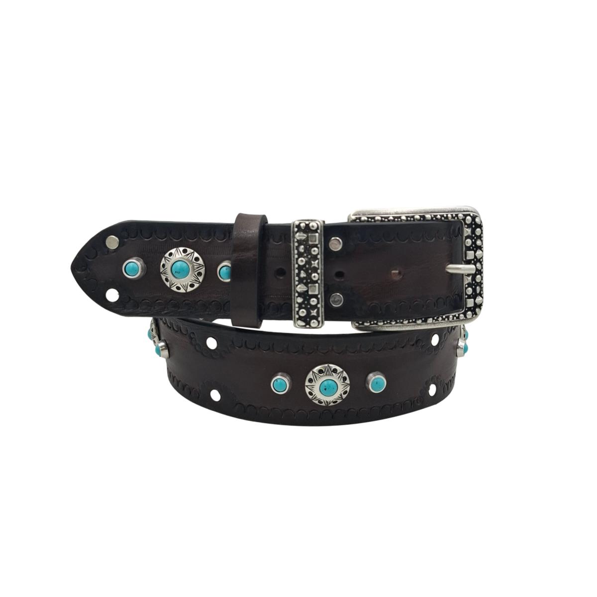 Salonicco - Cintura 4 cm in vero cuoio di toro con borchie celesti e fibbia e passante lavorati