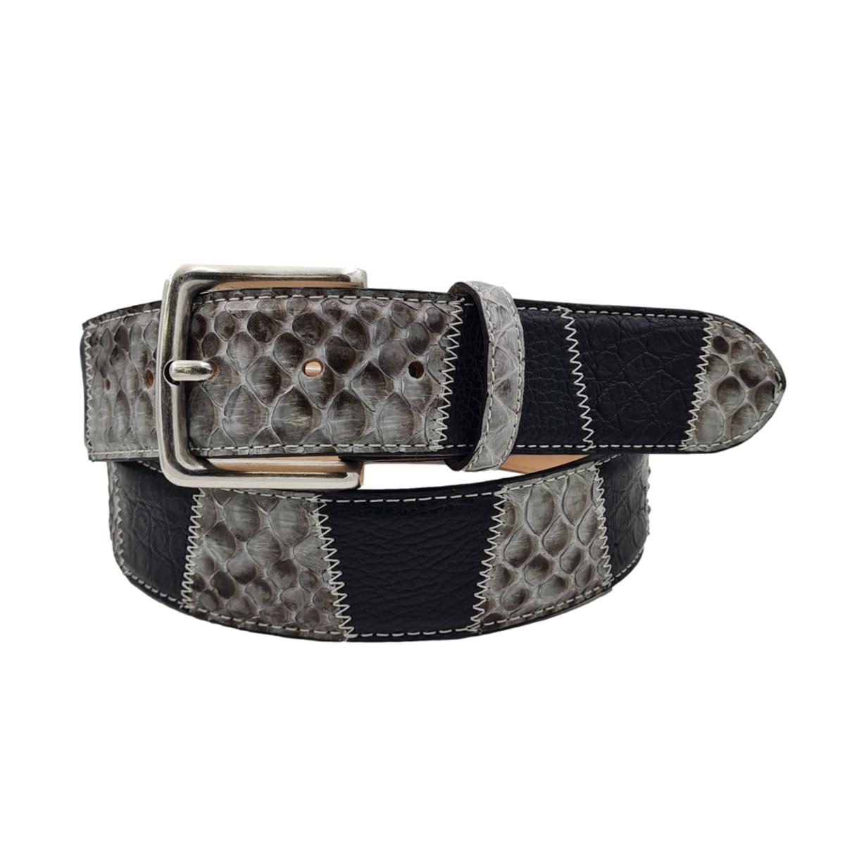 Nairobi - Cintura 4 cm con fibbia in ottone in pitone grigio lucido, Coccodrillo nero e vitello martellato
