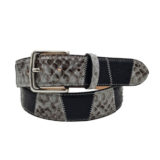 Nairobi - Cintura 4 cm con fibbia in ottone in pitone grigio lucido, Coccodrillo nero e vitello martellato